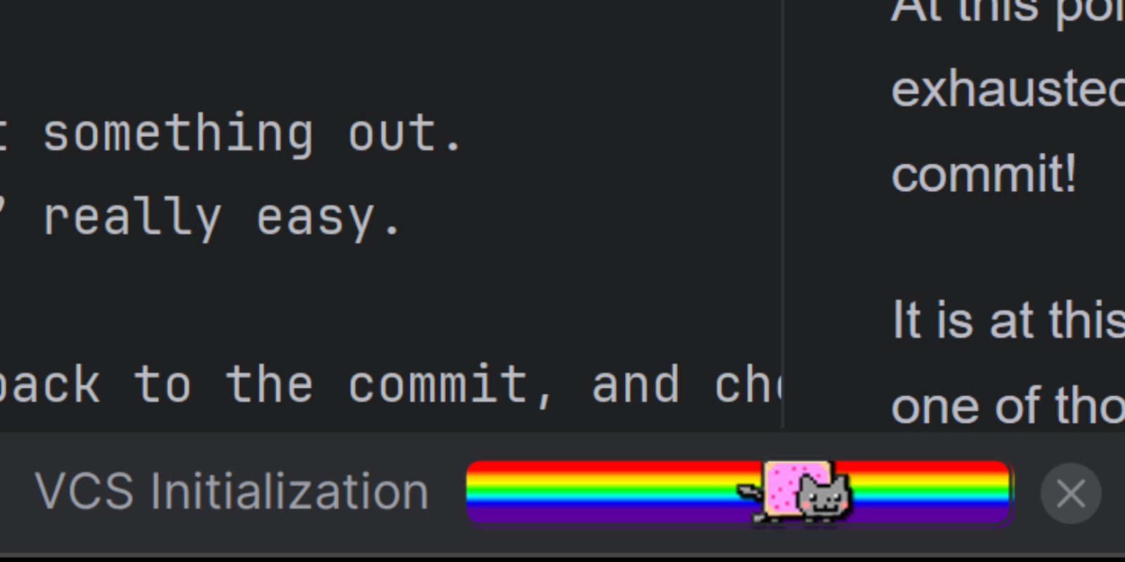Nyan Progress Bar theme installed showing the nyan cat in the loading bar at the bottom of the IDE.